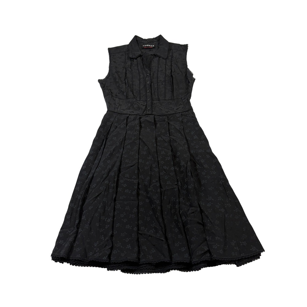 Rochas Black Floral Jacquard Sleeveless Pleated Shirt Dress Made in Italy VTG S